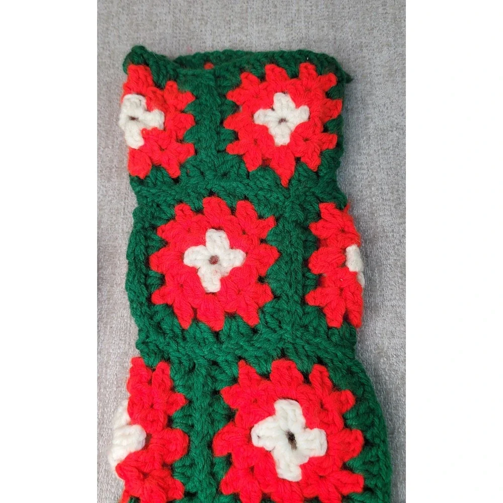 3 Vintage Hand Made Christmas Stockings Red Green White Granny‎ Square Crochet